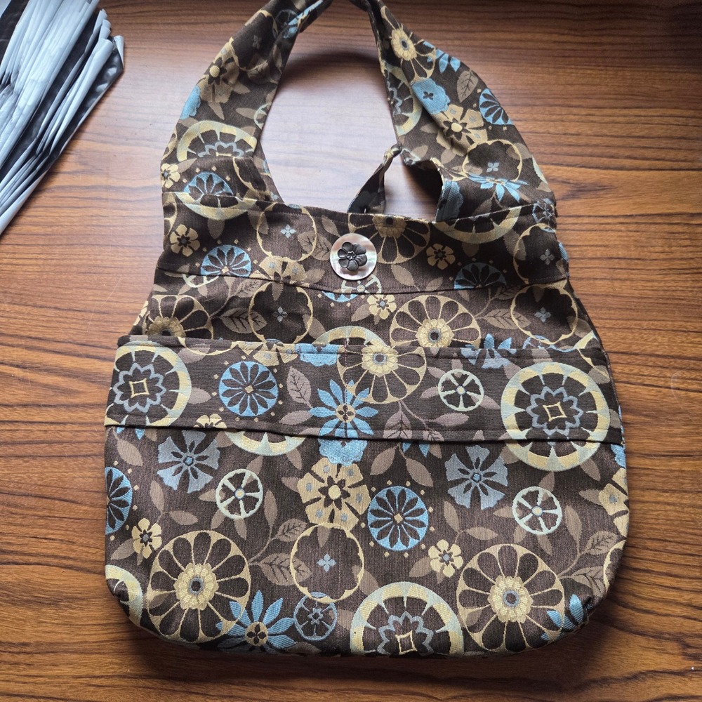 Handmade Brown Floral Tapestry Hobo Shoulder Bag Flower Button Detail